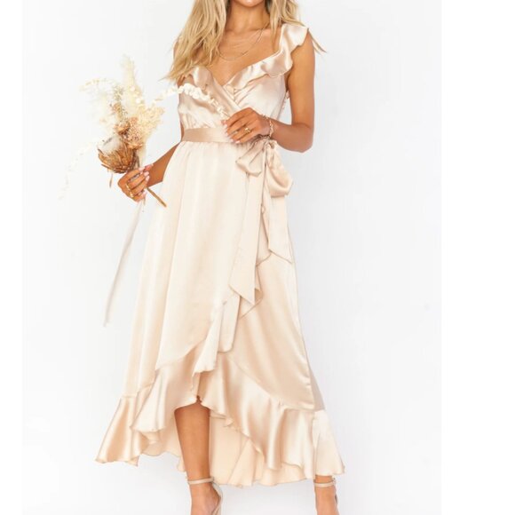 NWT Show Me Your Mumu Samantha Ruffle Champagne Luxe Satin Wrap Dress Size S - Picture 3 of 10
